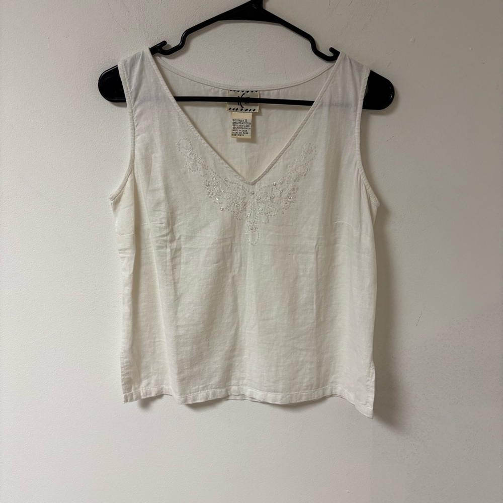 White Embroidered Womens Linen Tank Top Small - Picture 3 of 11